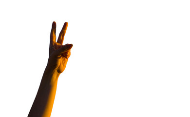 Hand making number two gesture on transparent background.	