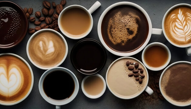 Many different types of coffee, top view. Based on Generative AI