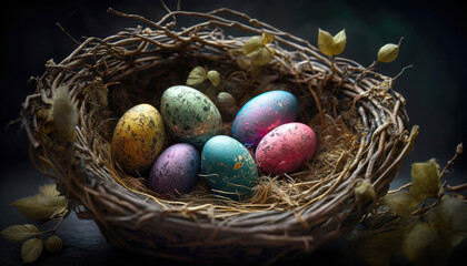 Obraz premium Nest of small multicolour easter eggs