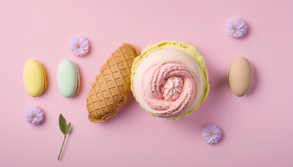 ice cream and macaroons on a light pink background. Generative AI