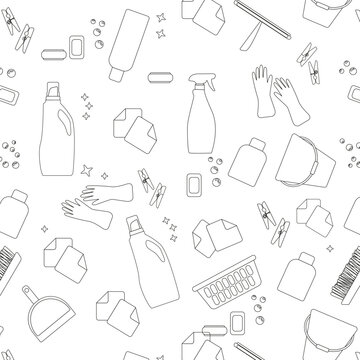 Cleaning kit seamless pattern, outline icons set vector illustration. Line hand drawn equipment, cleaning inventory and tools to clean wash and disinfect house, bucket and mop, spray bottle, duster, g