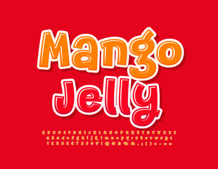 Vector funny sign Mango Jelly with playful bright Font. Red artistic Alphabet Letters, Numbers and Symbols set
