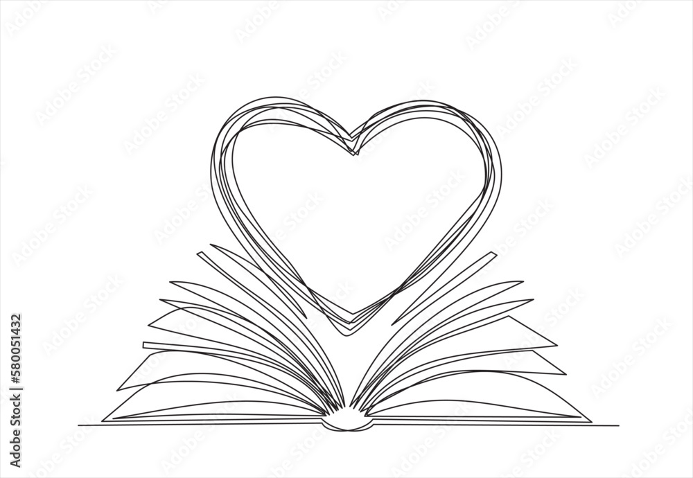 Aufkleber open book and heart, continuous line vector illustration. one line vector drawing of a book and a he