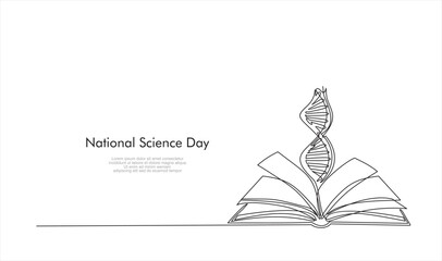 National Science Day. One continuous line drawing of  open book and DNA Single line draw design vector illustration