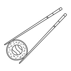 Chopsticks holding sushi roll. Traditional Japanese food. Concept for sushi restaurant, cafe, delivery. Doodle sketch style. Vector illustration isolated on white background.