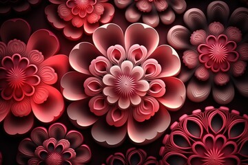 Red colour 3D flower pattern background. Created using Generative AI