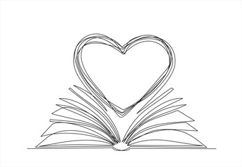 Open book and heart, continuous line vector illustration. one line vector drawing of a book and a heart, concept of love of reading. Black and white hand drawn image.
