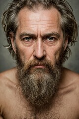 Obraz premium AI Soulful Struggles: Portraying the Resilience of a Mature, Long-haired, Bearded, and Emaciated Man