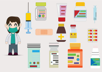 Set of doctor and pills collection.Bottles of drugs.tablets,capsules vitamins. Vector flat physician and health style.