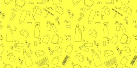 Hand drawn seamless pattern of cleaning equipments, sponge, gloves, spray, broom, bucket. Doodle sketch style. Clean element drawn by digital brush-pen. Illustration for background, wallpaper, banner.