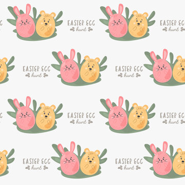 Easter pattern motive cute cartoon characters eggs chicken Happy Easter seamless pattern for gift wrapping paper, textile, cover, product packaging, advertising banner, greeting cards.