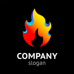 3d fire flame, hot symbol on black background, vector illustration