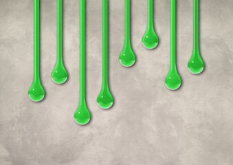 Green ink drops on light concrete wall. Horizontal wallpaper