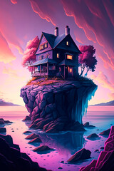 Sunset landscape. House standing on top of a hill in the water. Generative AI