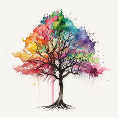 Obraz na płótnie Canvas A stunning painting of a tree, its branches bursting with a rainbow of colors that bring the image to life. The white background adds a touch of purity and simplicity, while the black and p