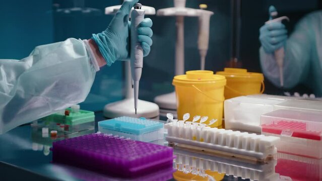 Doctor taking samples from yellow bucket and putting them in PCR tubes. This work requires precision and careful and stady hands. The doctor is in protective gear. High quality 4k footage 