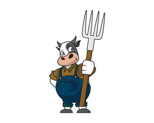 Cow Farmer Wearing Farmer Clothes Holding Spading Fork Illustration