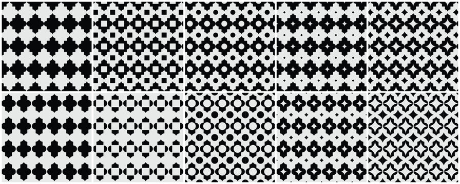 Set of geometric seamless patterns, Arabesque background, Oriental style design black patterns