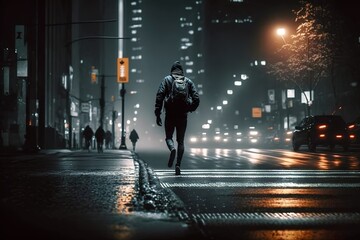 Night shot of person walking alone in the street after rain. Generative Ai illustration