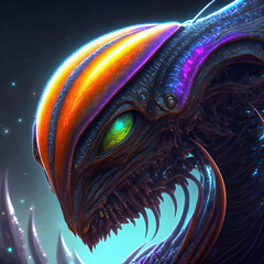 Fluorescent Alien with green eyes from another galaxy.