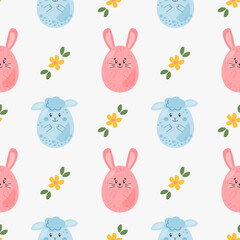 Easter pattern motive cute cartoon characters eggs lamb bunny. Seamless pattern for gift wrapping paper, textile, cover, product packaging, advertising banner, greeting cards.