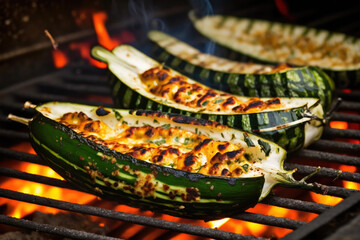 Bbq, grilled stuffed zucchinis on grill grate with fire. Close-up view. Summer picnic outdoors. Created with Generative AI technology. - obrazy, fototapety, plakaty