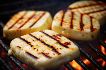 Bbq, grilled halloumi cheese on grill grate with fire. Close-up view. Created with Generative AI technology.