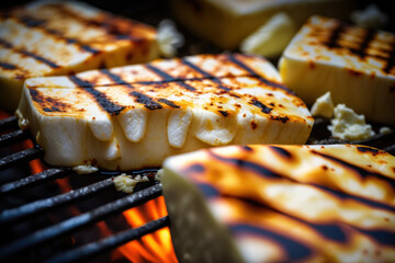 Bbq, grilled halloumi cheese on grill grate with fire. Close-up view. Created with Generative AI technology. - obrazy, fototapety, plakaty