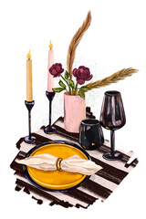 The aesthetics of a holiday meal. Festive table setting. Cutlery, flower vase, black glass glasses. Candles in candlesticks. Banquet. Hand-drawn illustration. Isolated on white background.
