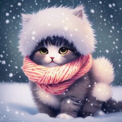 Portrait of a very cute fluffy cat dressed up in a scarf. Generative AI