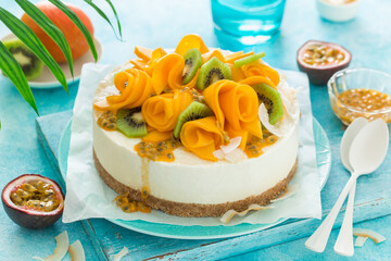 no baked coconut cheesecake with fresh tropical fruits