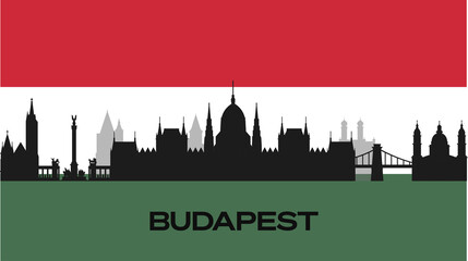 Silhouette of important buildings in the city on the flag of Hungary. The vector silhouette of Budapest's famous buildings. Stock Photo