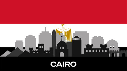 Fototapeta premium Silhouette of important buildings in the city on the flag of Egypt. The vector silhouette of Cairo's famous buildings. Stock Photo