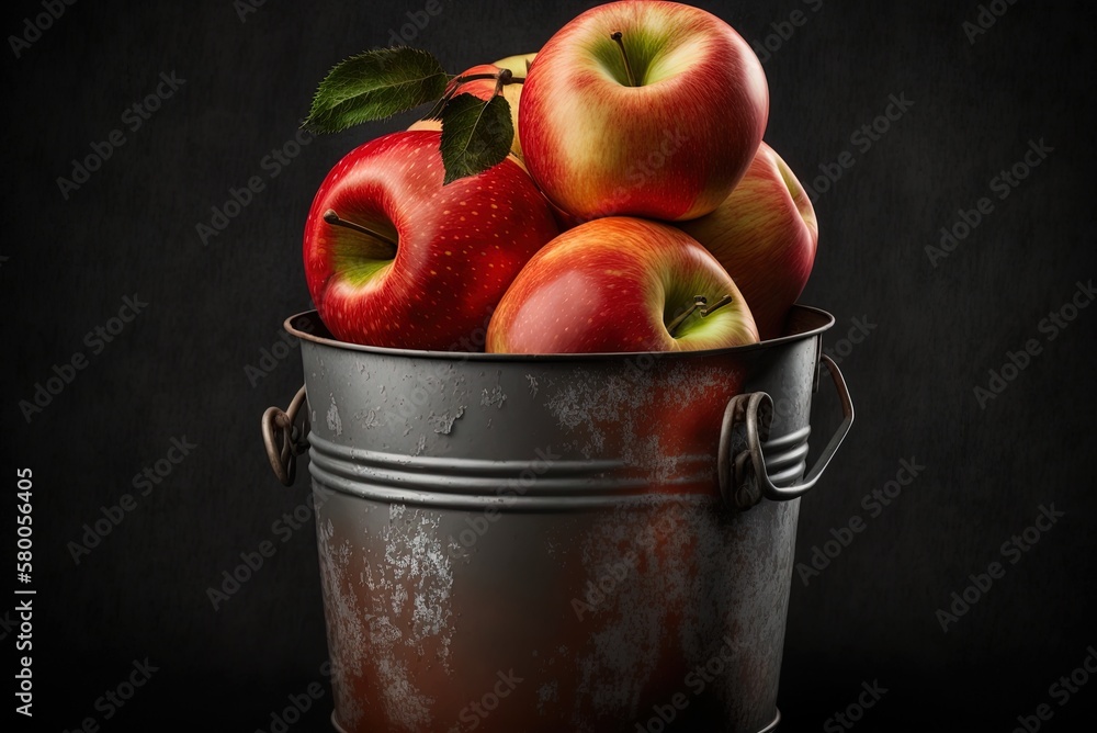 Poster aerial view of a bucket of red apples on a dark backdrop, photographed from above. generative ai