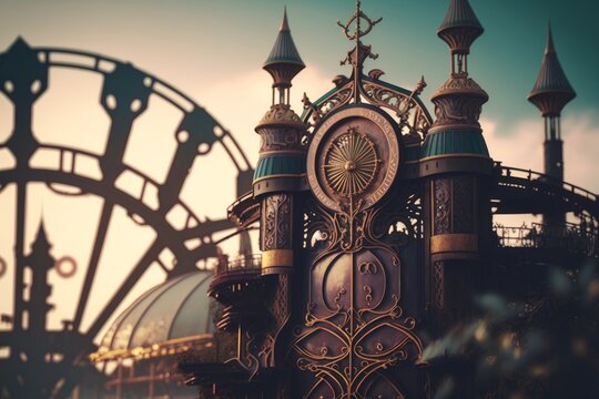 Discover the hyper-detailed world of a steampunk amusement park powered by steam engines with Unreal Engine 5, stunning architecture and insane details , Generative ai