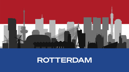 Vector silhouette of important buildings of the city on the Dutch flag. The silhouette of Rotterdam's famous buildings. Stock Photo