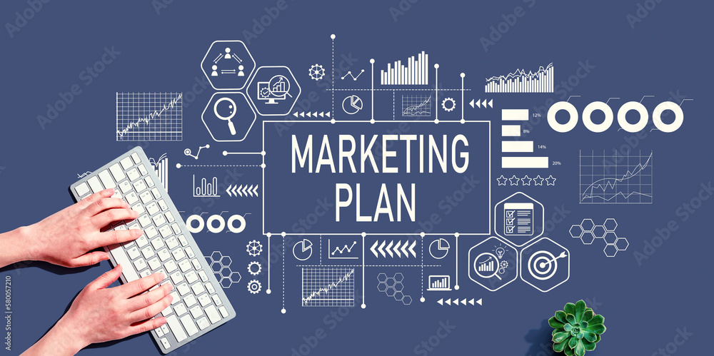 Poster marketing plan theme with person using a computer keyboard