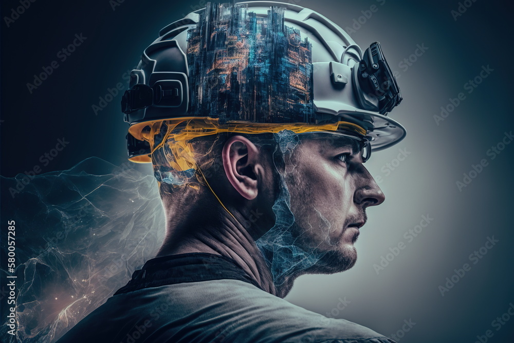 Poster electrical engineering concept design. electrician or engineer wear hardhat with double exposure eff
