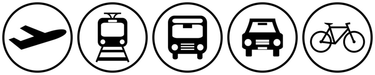 Verkehrsmittel für lange und kurze Strecken: Flugzeug, Zug, Bus, Auto oder Fahrrad