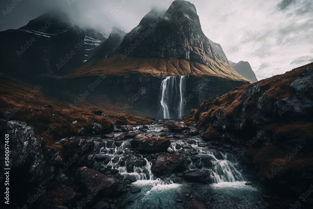 Poster a vertical view of a mighty mountain in the mist, complete with cascading cascades generative ai