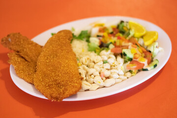 Filete de pescado empalizado con pasta y ensalada 