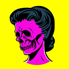retro cartoon illustration of woman with skull head
