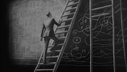Black and White Illustration of Climbing the Corporate Ladder with a Businessman, with Licensed Generative AI Technology Assistance