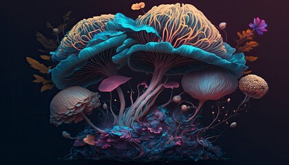 Fabulous mystical mushrooms, magical glowing growing mushrooms, Mysterious magical mushrooms, Generative AI