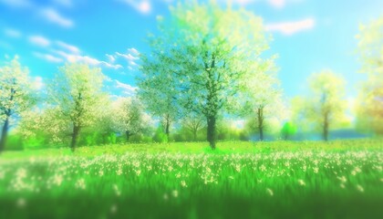 Fototapeta premium Beautiful natural spring summer landscape of a flowering meadow in a hilly area on a bright sunny day. Many flowers in a field in green grass. Small zone of sharpness