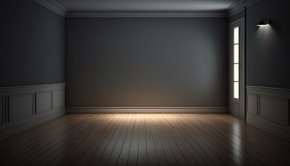 Empty light dark wall with beautiful chiaroscuro and wooden floor. Minimalist background for product presentation, mock up