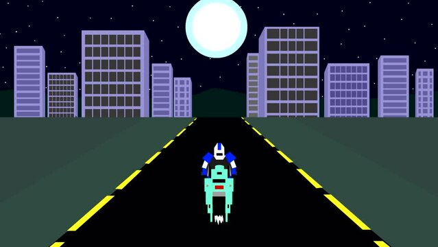 Animated video of old racing motorcycle game in 8-bit style at night, arcade, pixel, art, 2d.