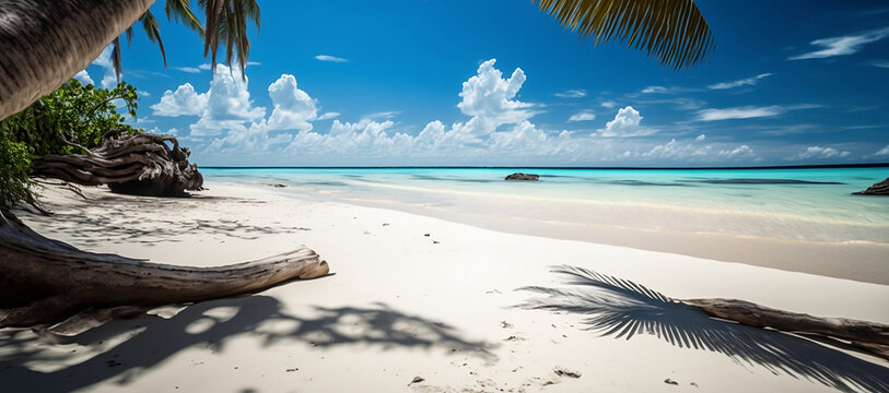 Beautiful tropical beach banner. White sand and coco palms travel tourism wide panorama background
