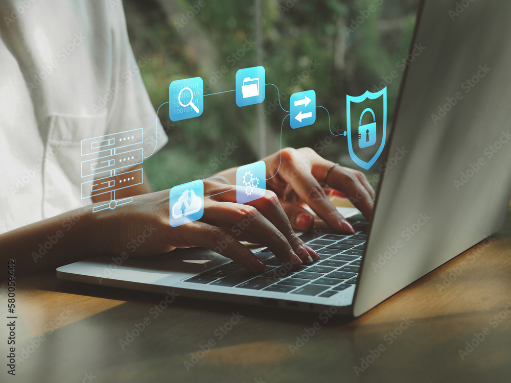 Poster cyber security concept, connection of people verification security secure internet access