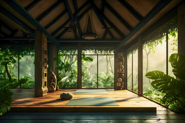 Retreat center or yoga studio with yoga mats on wooden floor with plants in tropical forest. Sustainable modern gym space for stretching pilates, sound healing or meditation practices. Generation ai